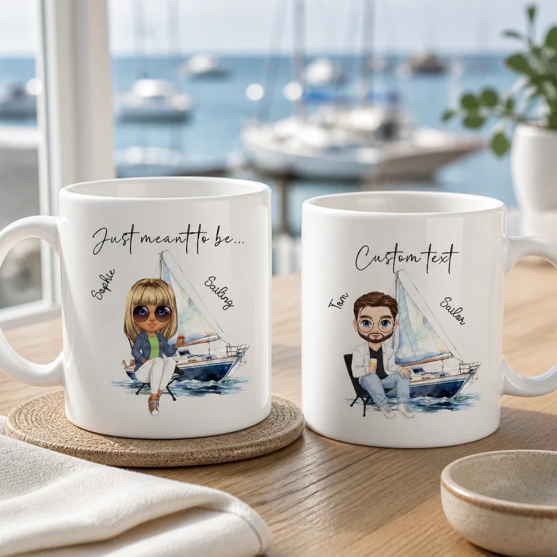 Personalised sailing mug with custom sailor character, sailing boat illustration and personalised name.