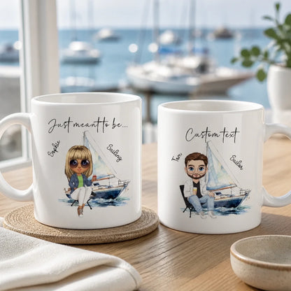 Personalised sailing mug with custom sailor character, sailing boat illustration and personalised name.