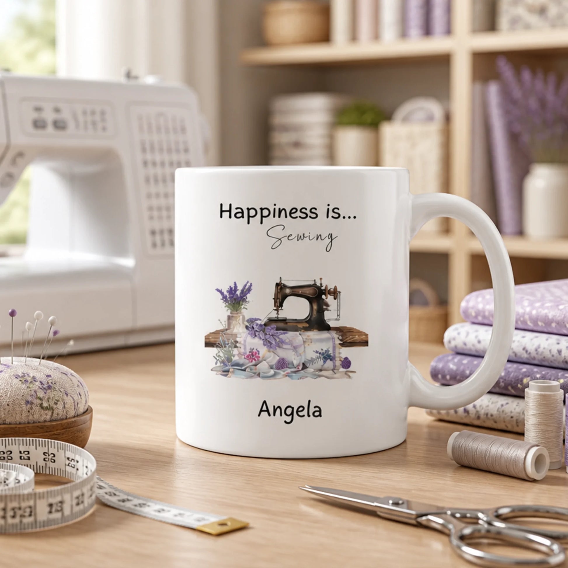 Personalised sewing mug with happiness is sewing design and custom name
