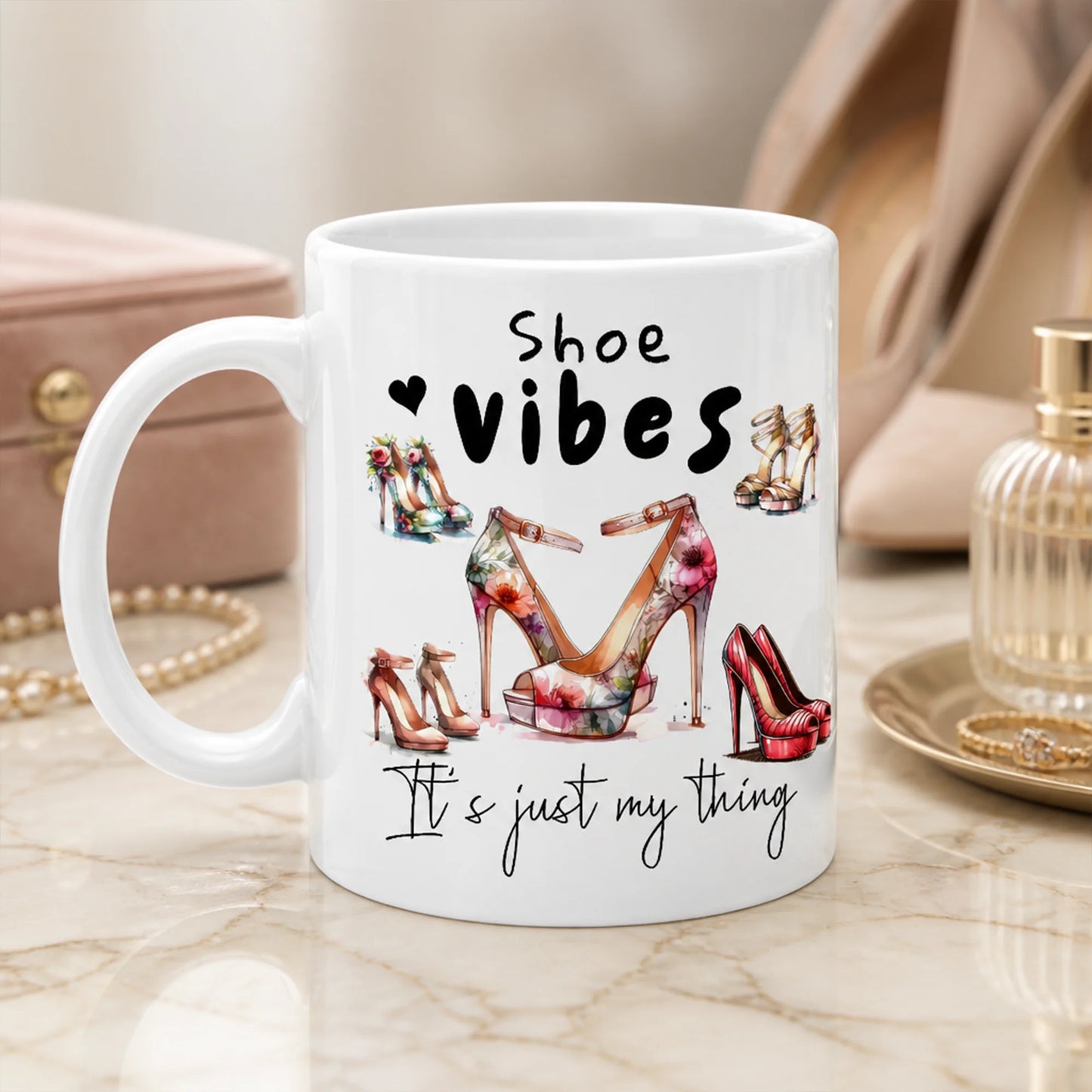 Personalised shoe lover mug with glamorous high heel illustration