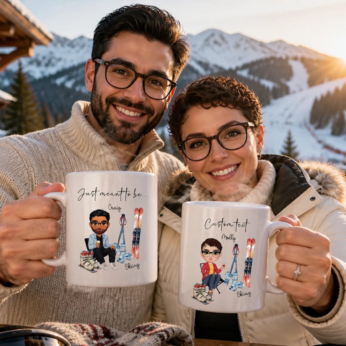 Personalised skiing mug with custom skier character, name and ski accessories