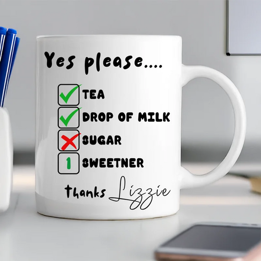 White mug with a personalised Tea coffee preference list