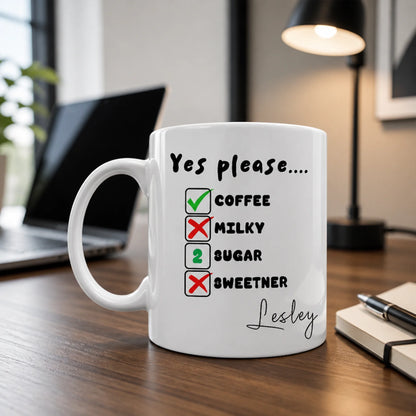 Personalised tea and coffee order mug with custom drink preferences for work desk and office