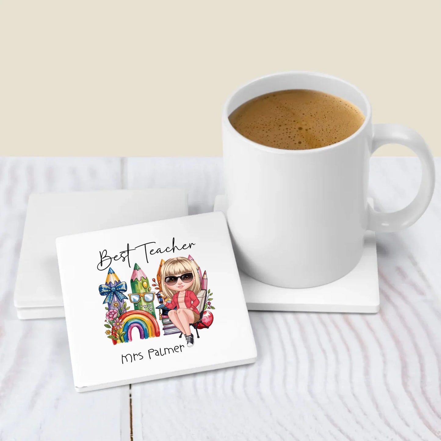 Personalised teacher gift coaster with cartoon character and custom name