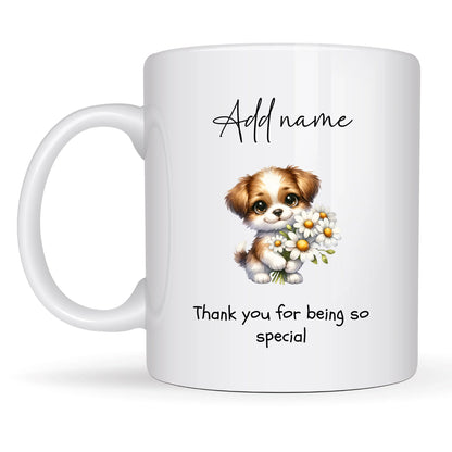 Personalised thank you mug with cute animals holding flowers