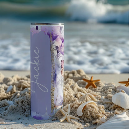 Personalised travel cup with purple butterfly design for gift
