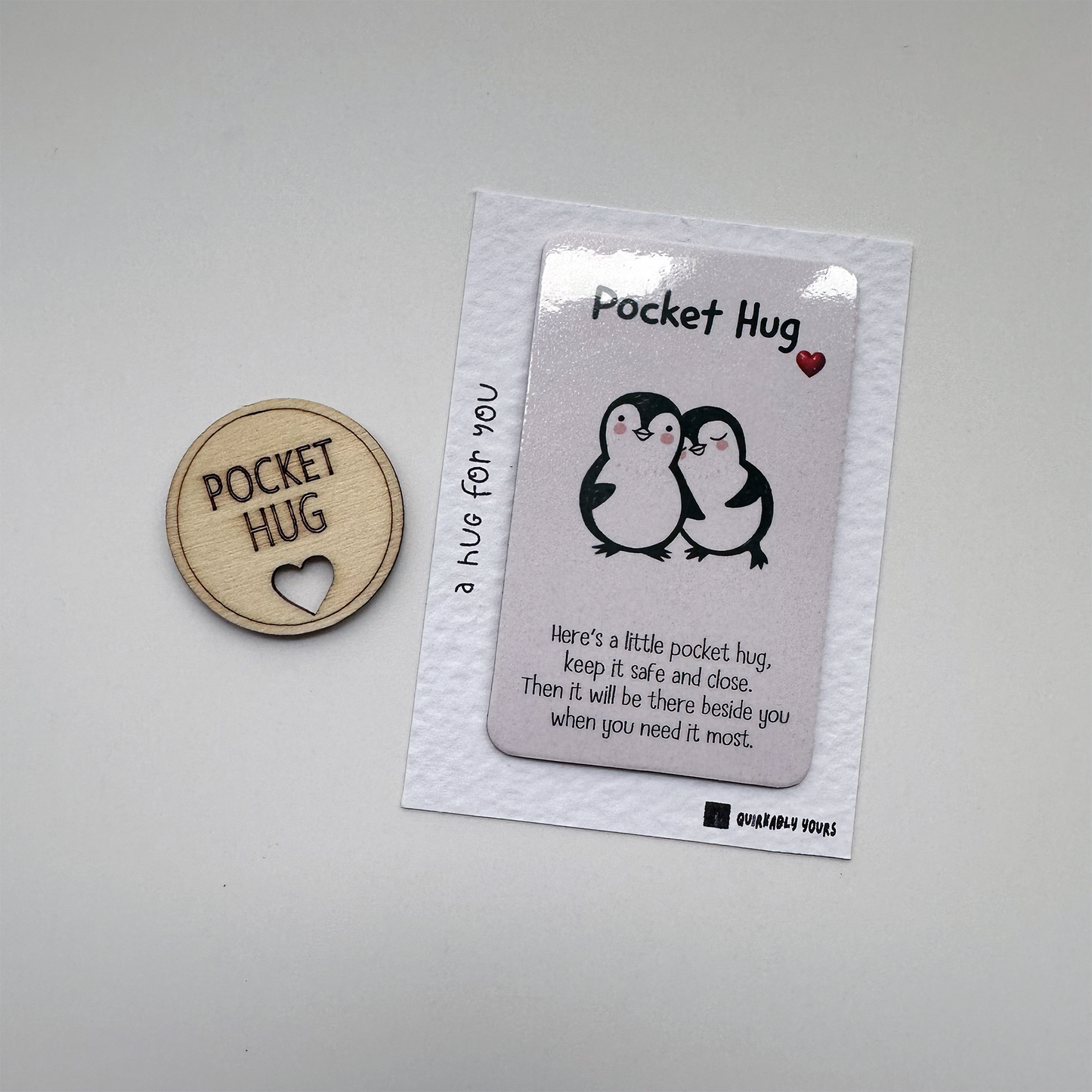 Pocket hug fridge magnet and wooden token for hug box letterbox gift