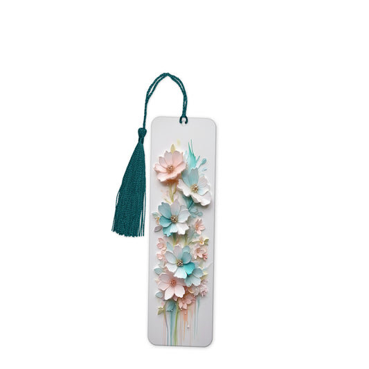 Aluminium Bookmark with 3D Flowers: This exquisite 15cm x 4.5cm aluminium bookmark is printed with pretty 3D white, blue and pink flowers on a white background.