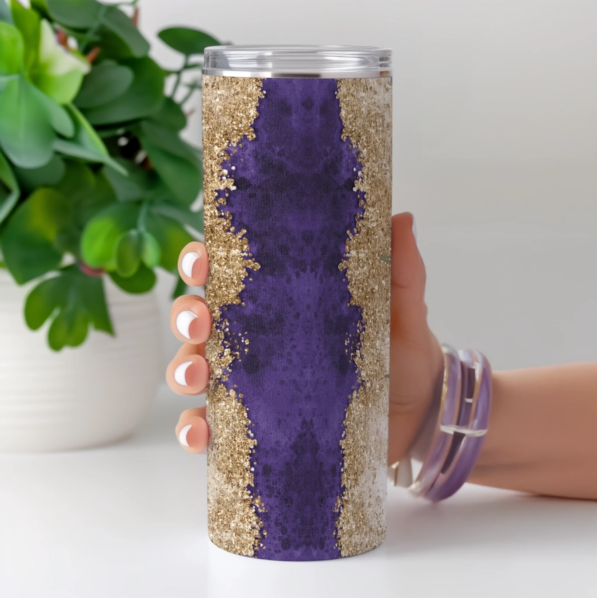 purple and gold insulated travel cup