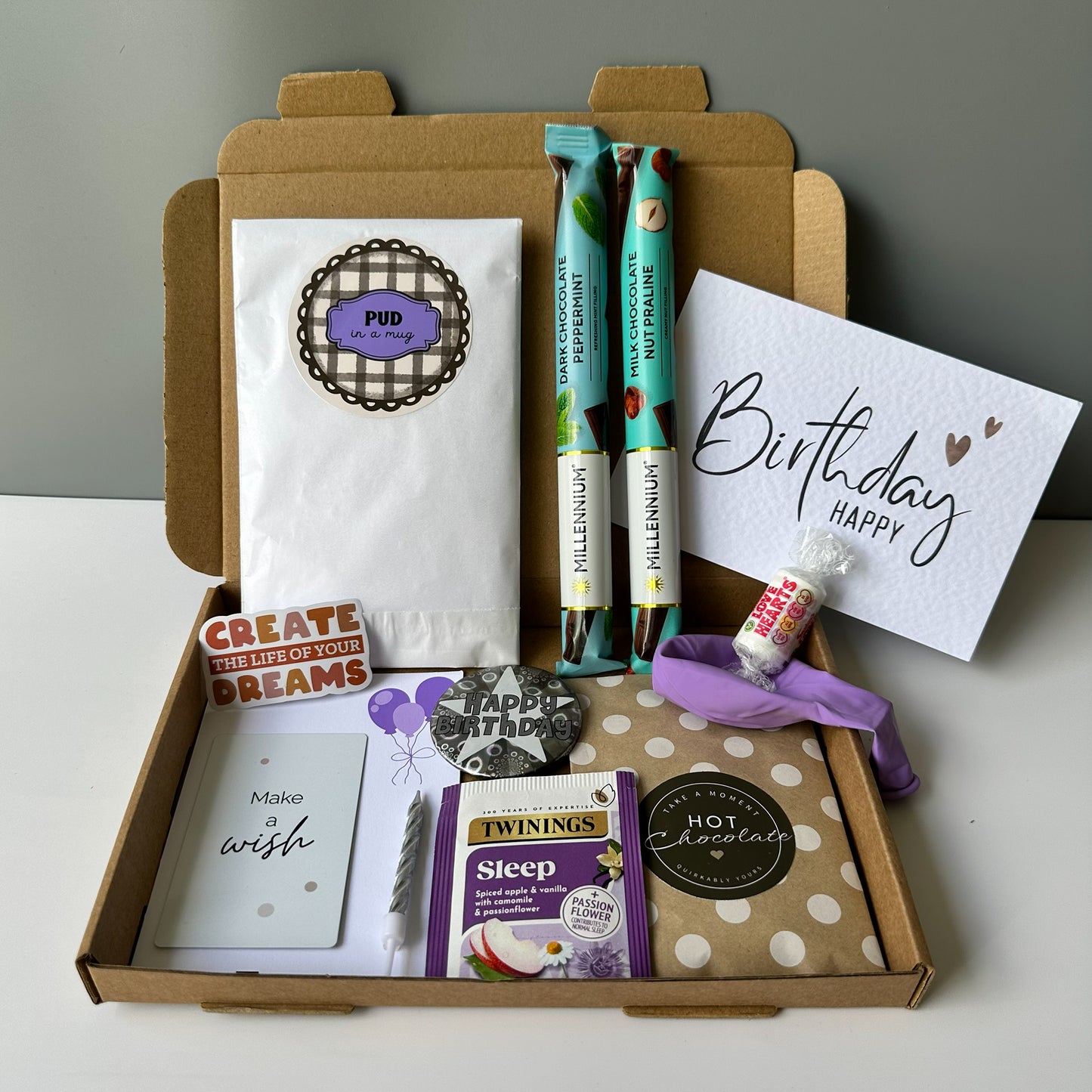 Birthday Surprise Letter Box Gift With birthday cake, birthday badge, candle, chocolate Make a wish card and candle, tea hot chocolate gift set
