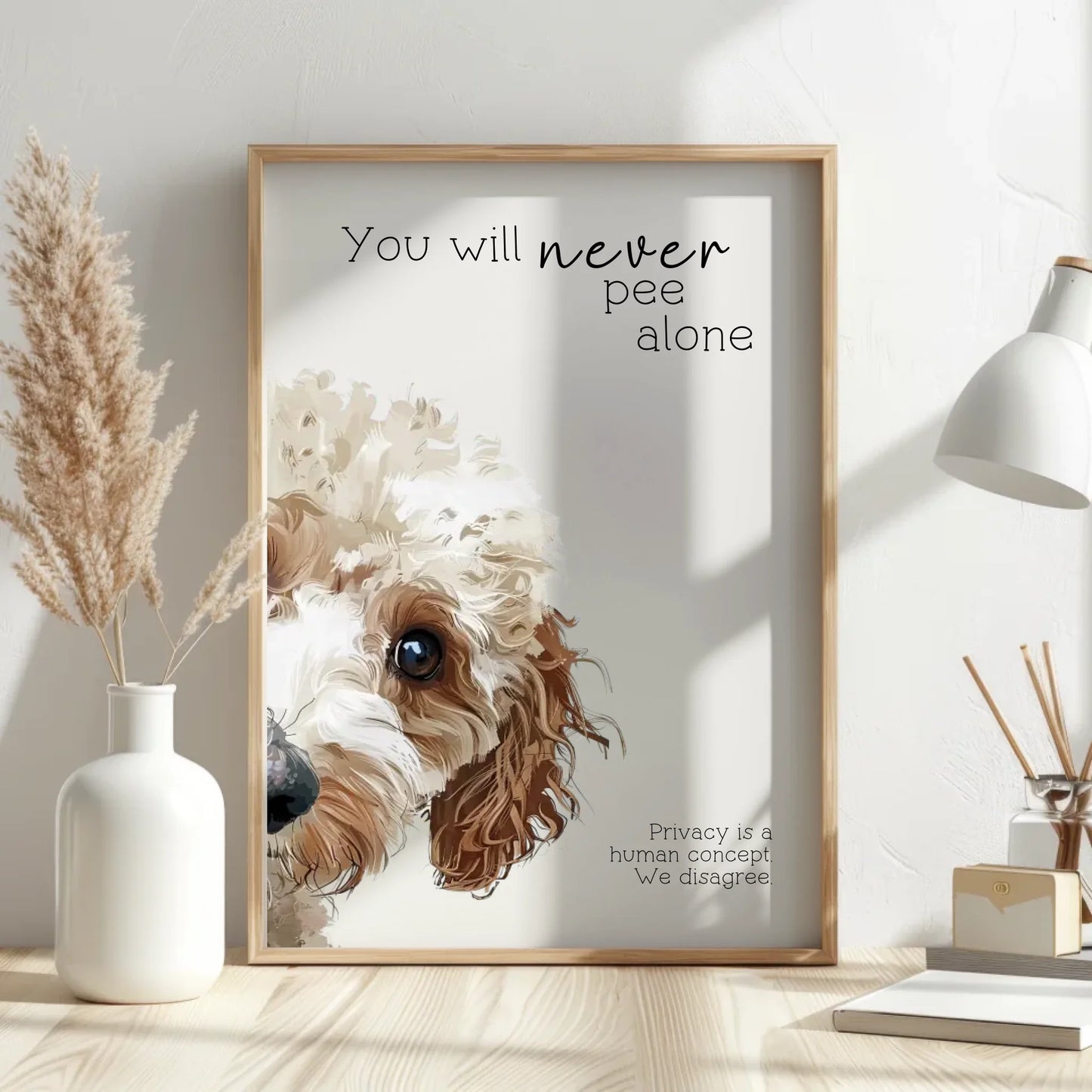 bathroom wall art funny personalised dog design with a dog illustration and humorous text on a wall.