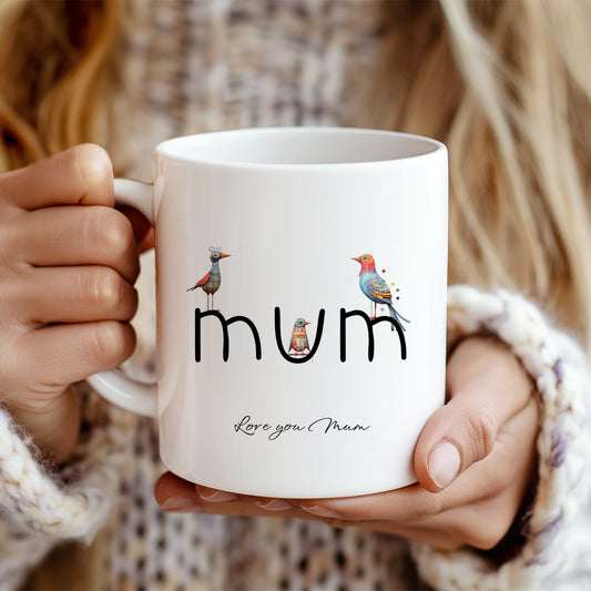 Personalised quirky birds mug with custom name