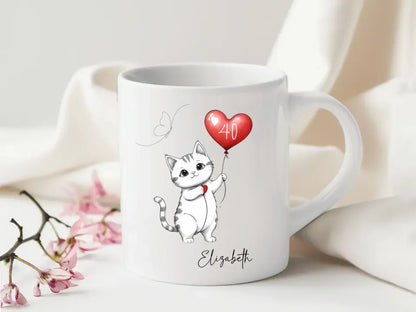 Quirky cat mug with custom age and balloo