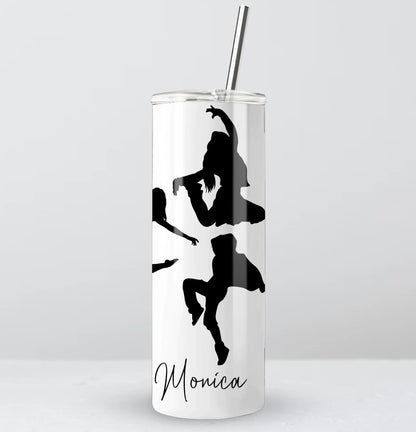 white tumbler with black silhouette design and name 'Monica' on a white background