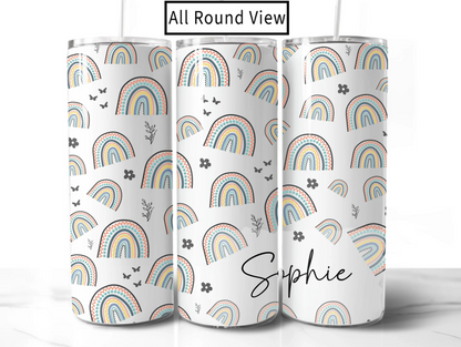 Three tumblers with rainbow patterns and the name 'Sophie' on a white background.