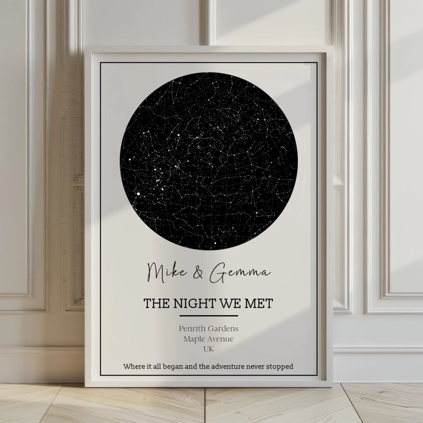 Star map with names, dates, and locations – personalised gift for a couple