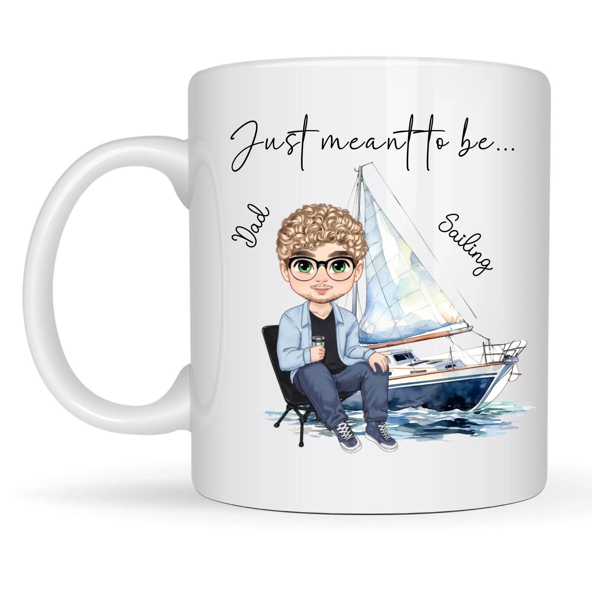 Sailing gift mug personalised with name and illustrated sailor character for boating enthusiasts.