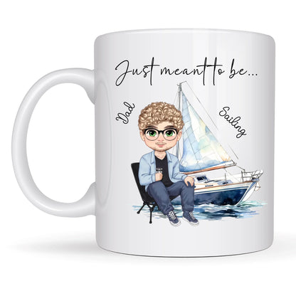 Sailing gift mug personalised with name and illustrated sailor character for boating enthusiasts.
