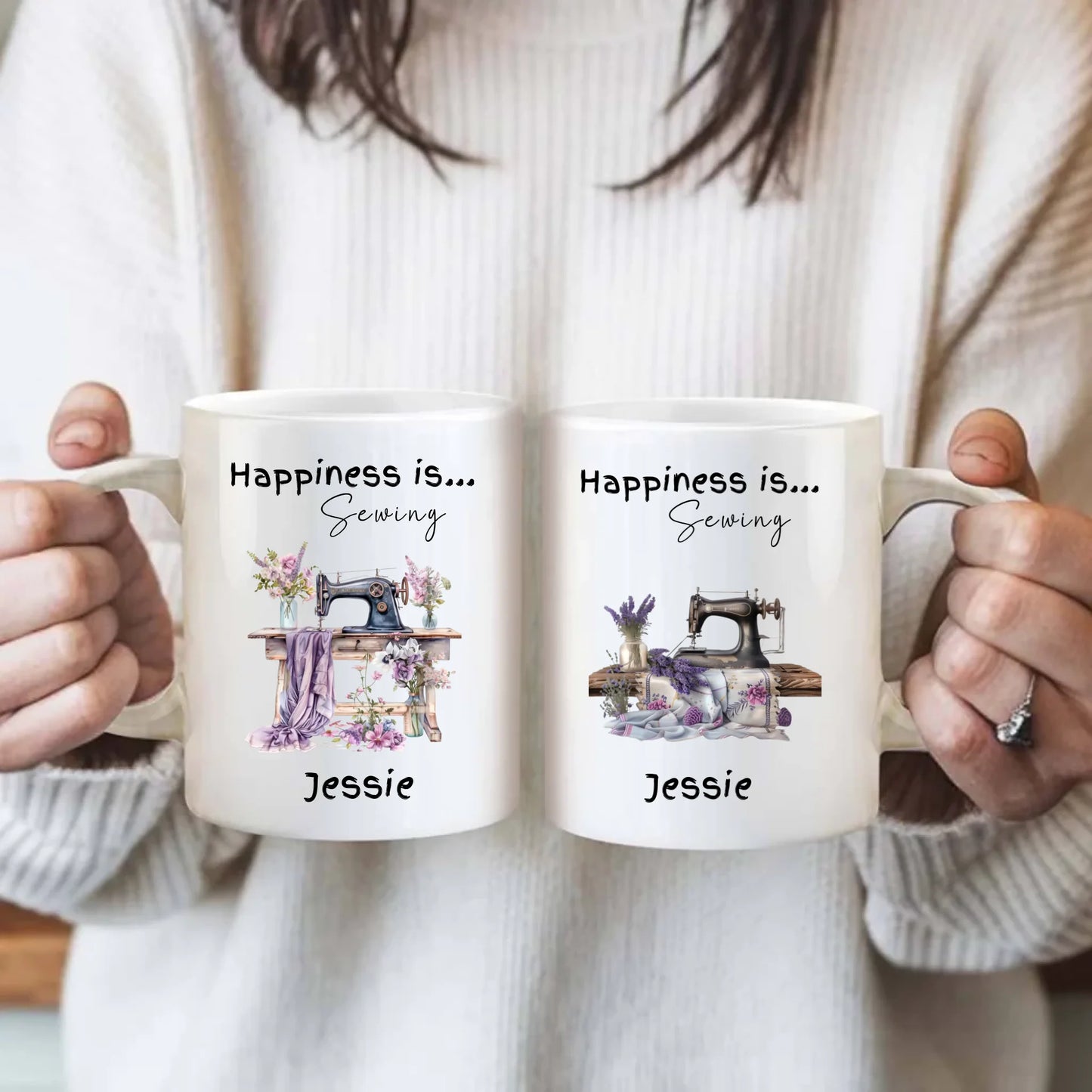 Sewing lover mug featuring craft themed illustration and personalised detail