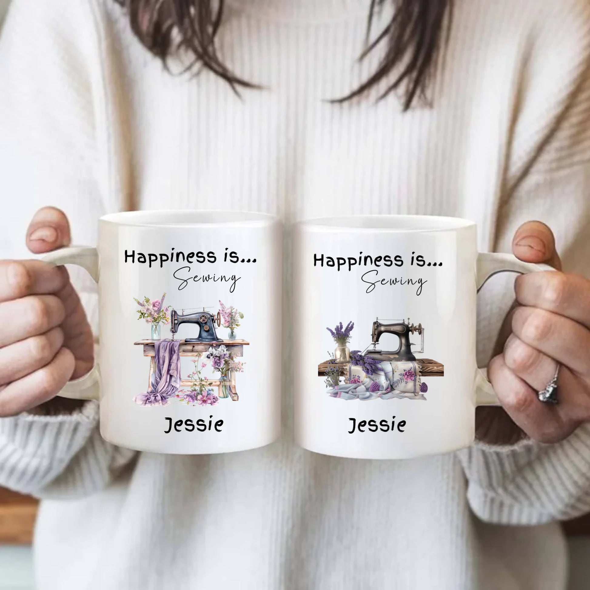 Sewing lover mug featuring craft themed illustration and personalised detail