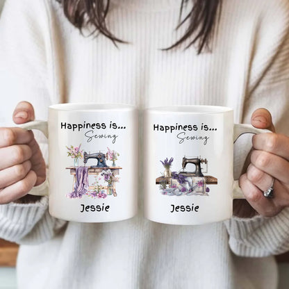 Sewing lover mug featuring craft themed illustration and personalised detail