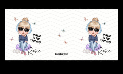 Cartoon character with sunglasses and headphones sitting on a pillow, with 'Music is my therapy' text and 'Rosie' branding template