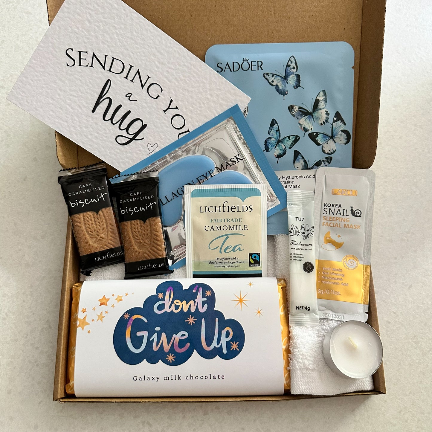 Support gift box with personalised chocolate and self care items