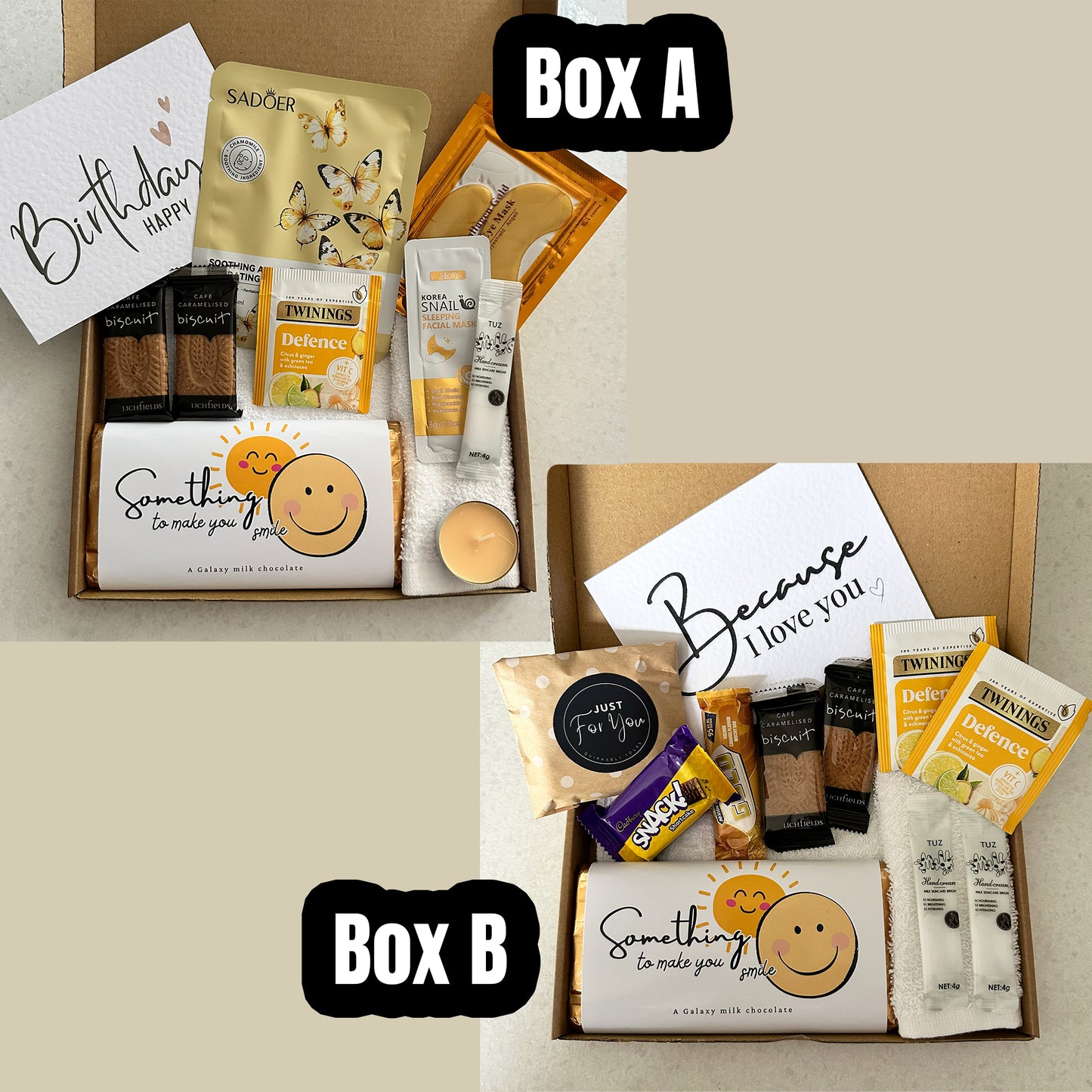 Thinking of you sunshine gift box with uplifting chocolate and self care treats