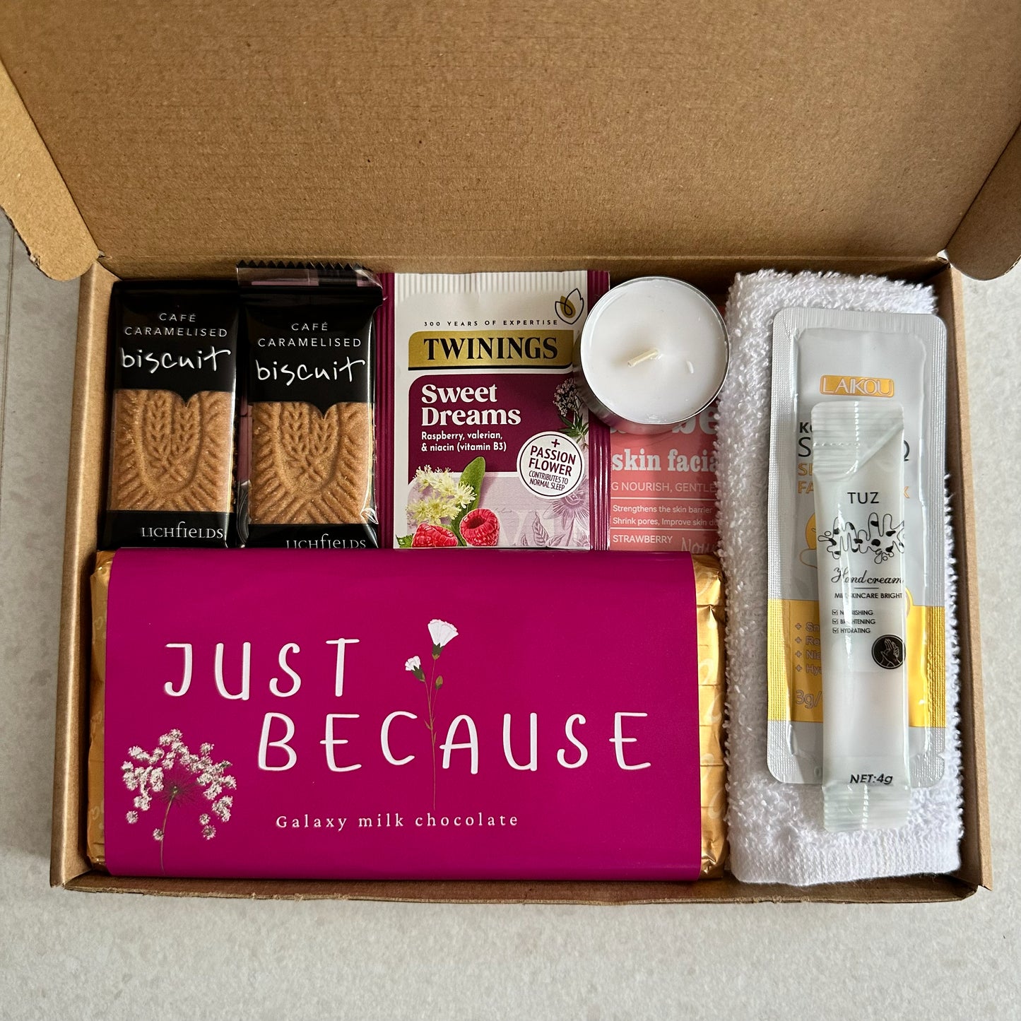 Thoughtful letterbox gift set UK with sweet treats and pamper items