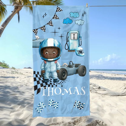 Fun kids towel with boy racer design