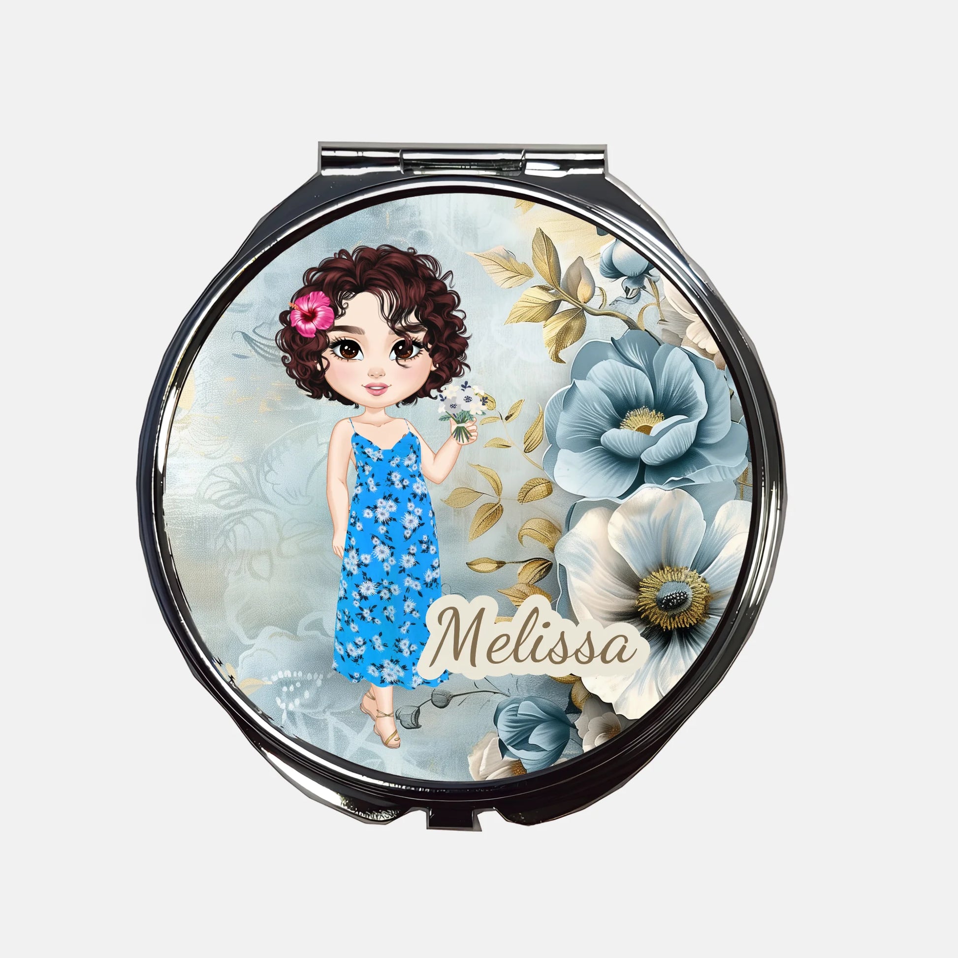 Blue floral compact mirror with name