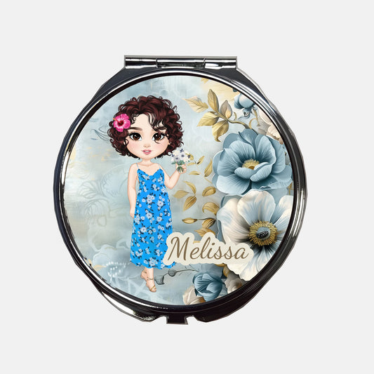 Blue floral compact mirror with name