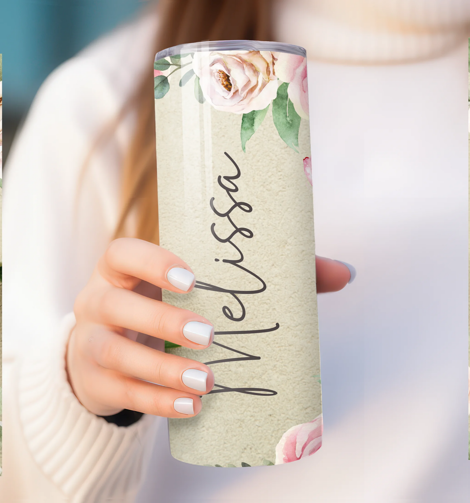 Vintage pink roses travel cup with name