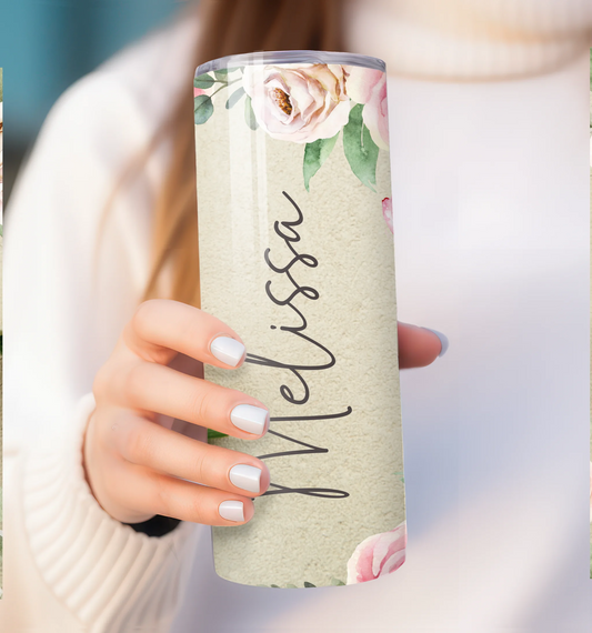 Vintage pink roses travel cup with name