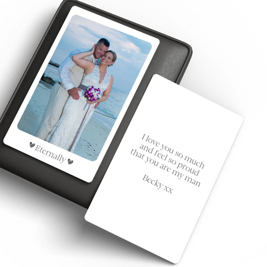 Personalised aluminium wallet card with photo and message