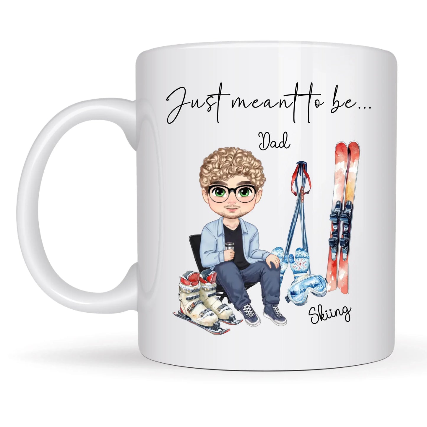 Ceramic skiing mug customised with skier illustration and personalised name.