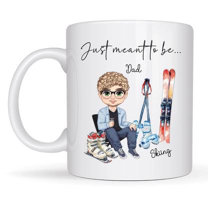 Ceramic skiing mug customised with skier illustration and personalised name.