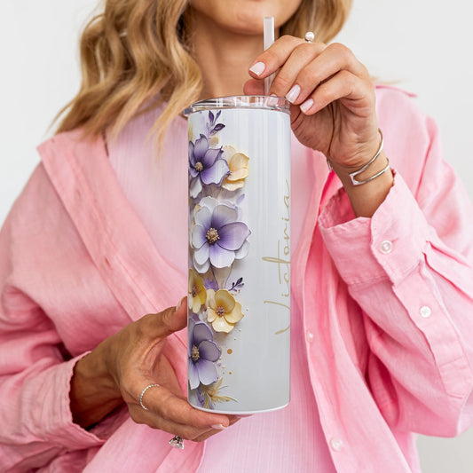 personalised purple and yellow flower tumbler