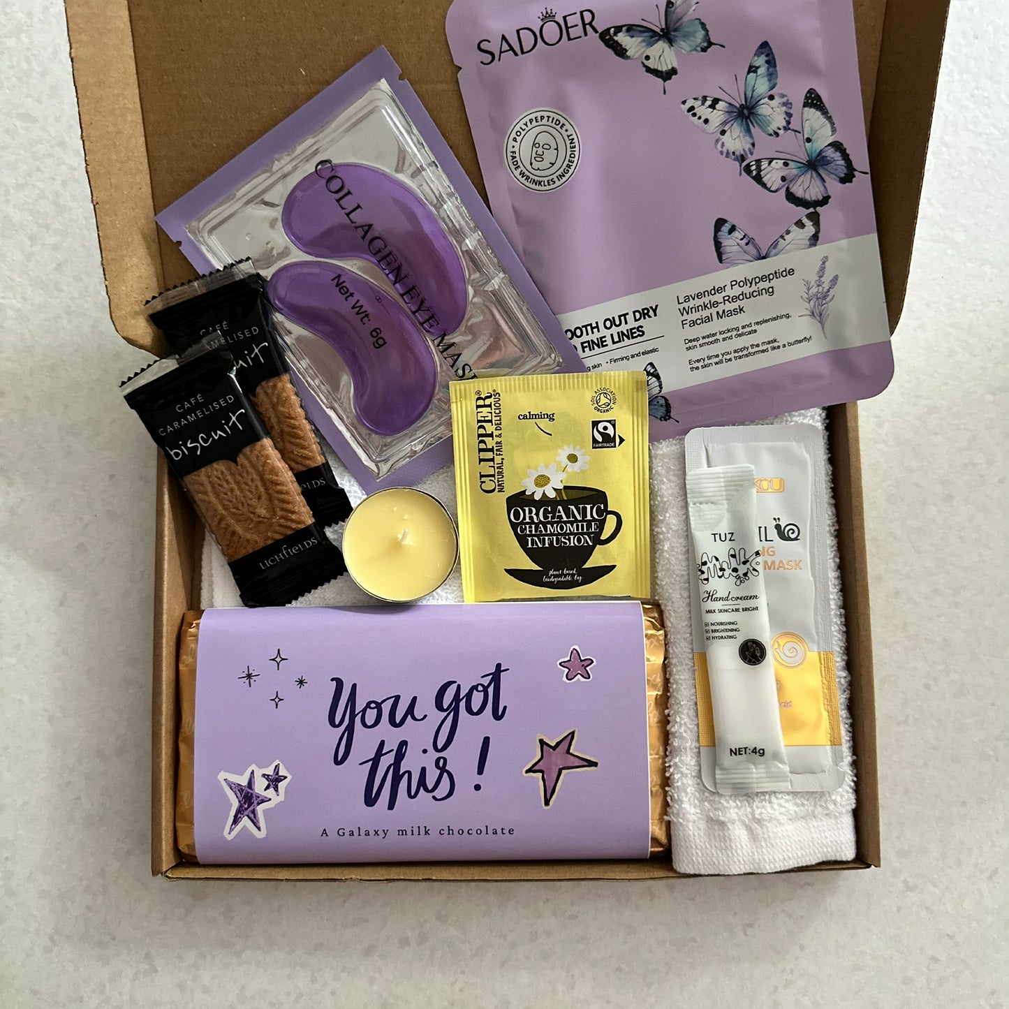Encouragement gift box UK with pamper items and chocolate treat